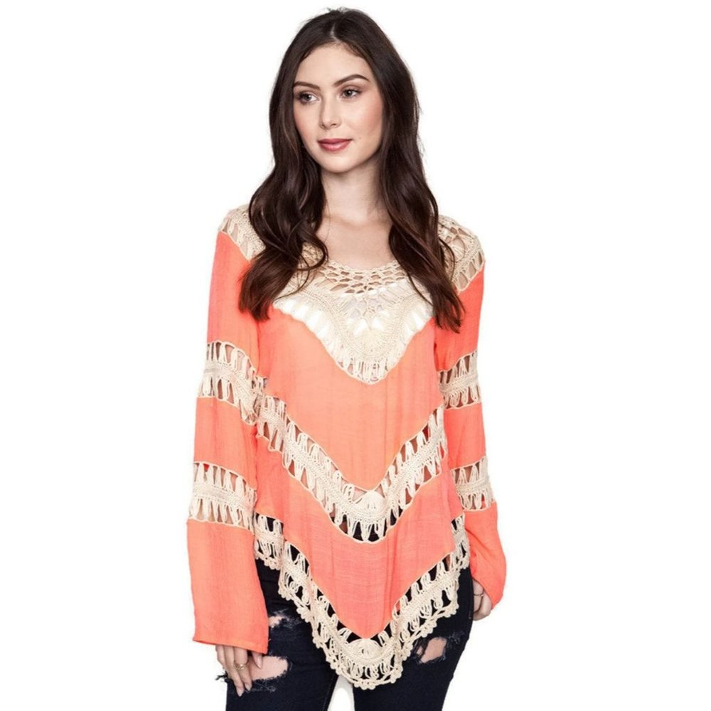 Umgee Bohemian Crochet Trim Tunic, Mango   NWT